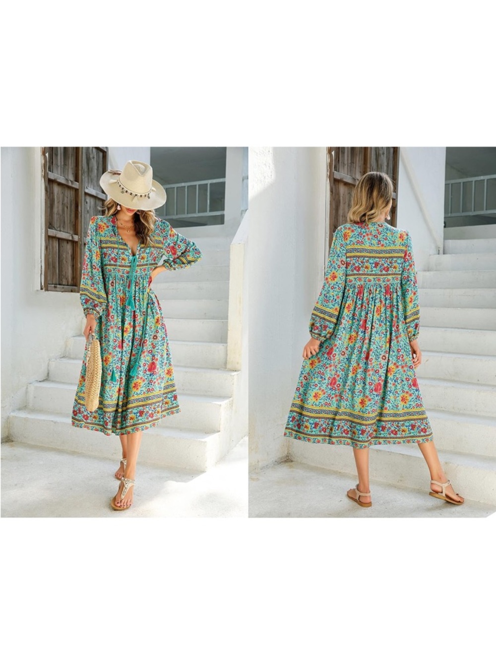 R. Vivimos Teal Womens Long Sleeve Floral Print Tassel Boho Midi Dress Sz XL NWT - Picture 2 of 6